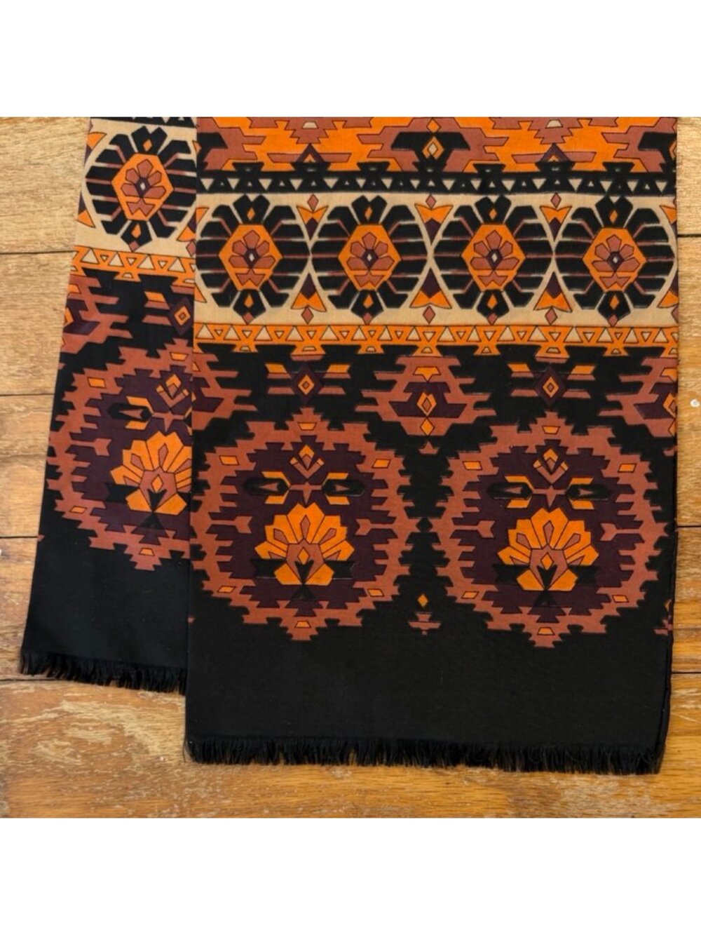 Lightweight oblong scarf with geometric print and fringe ends. Made in Italy. - Picture 2 of 3
